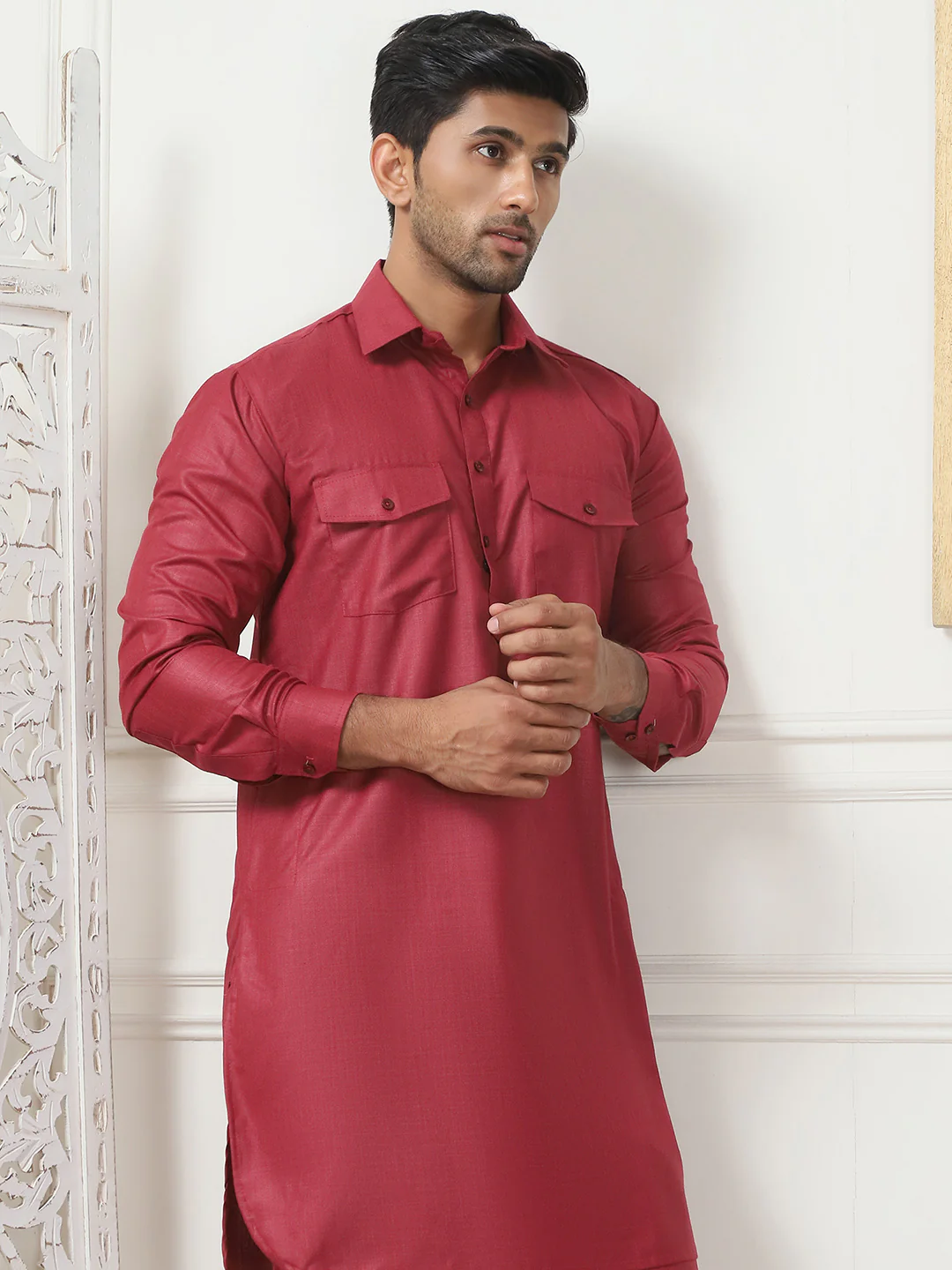 Maroon Punjabi Kurta Pajama Set – Cotton Indian Outfit for Men - Image 5