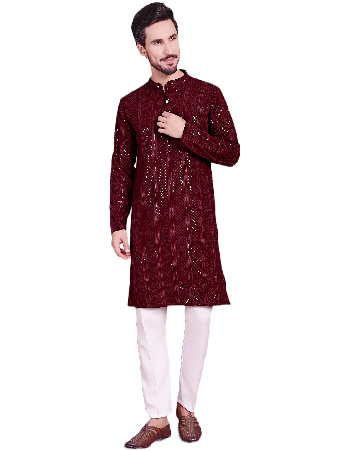 Maroon Sequined Kurta Pajama Set Rayon Chikankari Indian Wedding