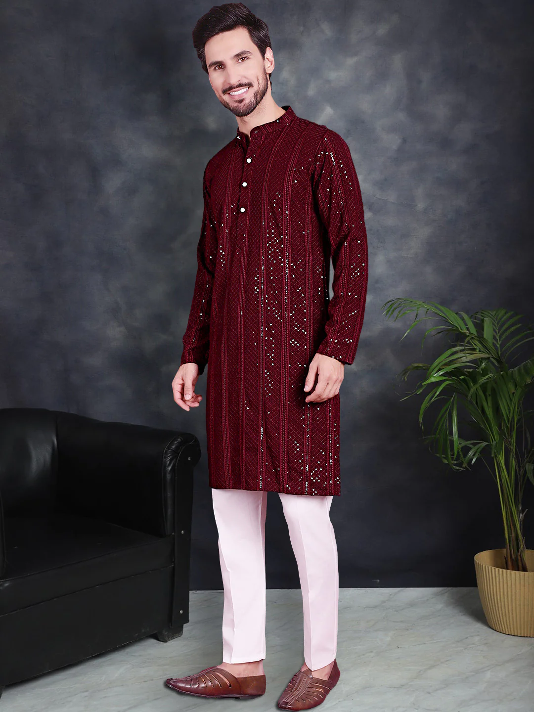 Maroon Sequined Kurta Pajama Set Rayon Chikankari Indian Wedding - Image 2