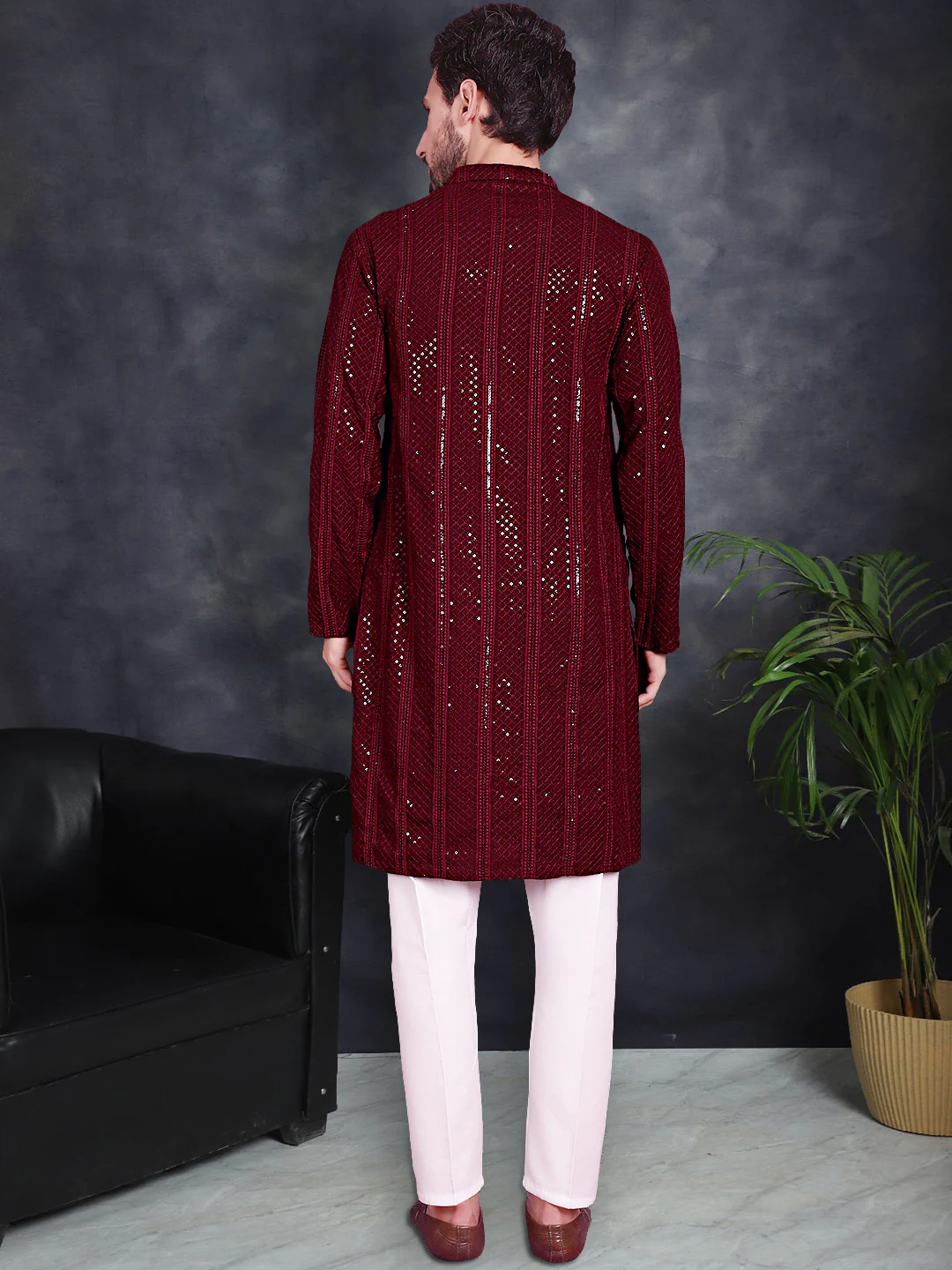 Maroon Sequined Kurta Pajama Set Rayon Chikankari Indian Wedding - Image 3