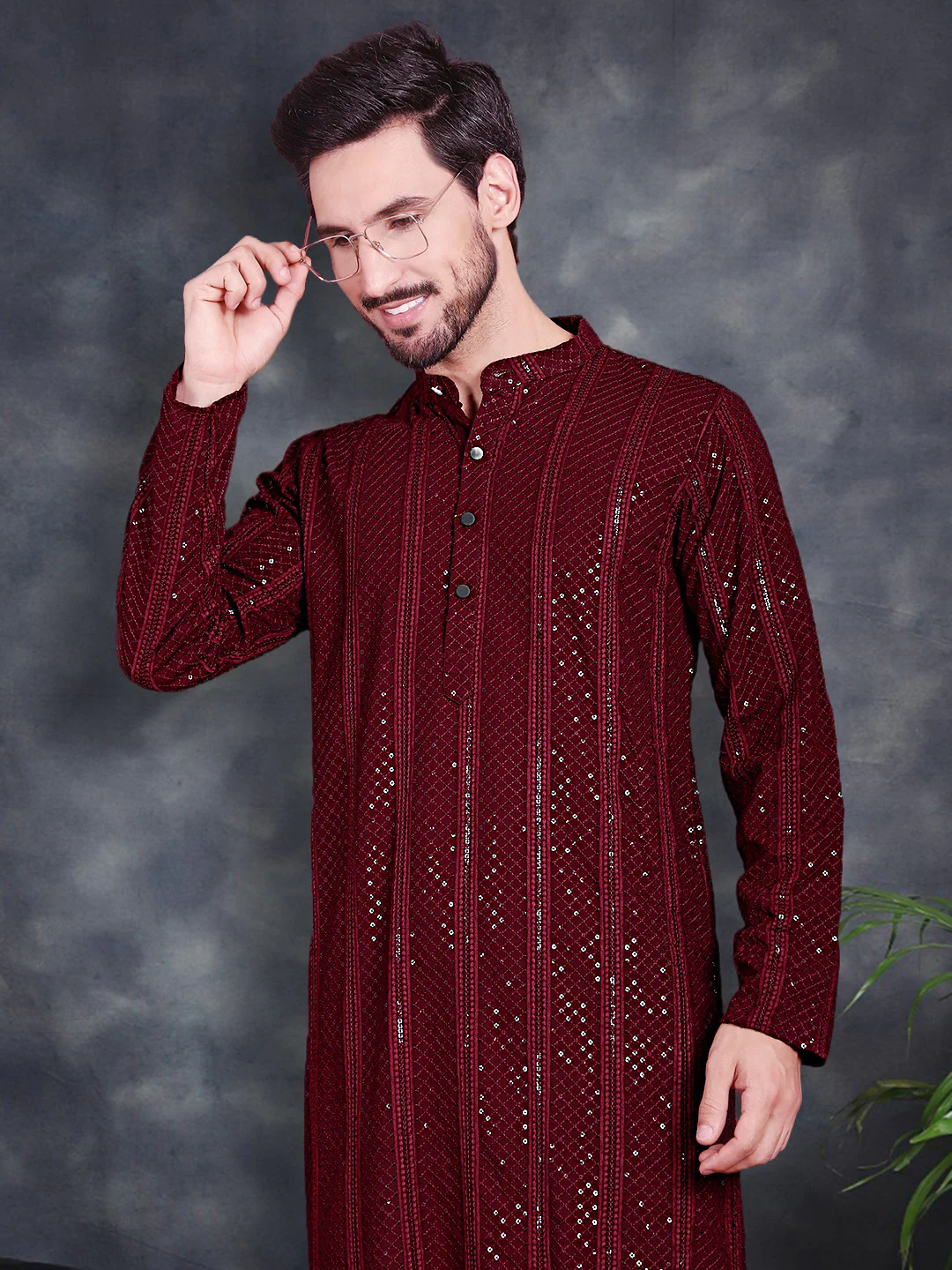 Maroon Sequined Kurta Pajama Set Rayon Chikankari Indian Wedding - Image 4