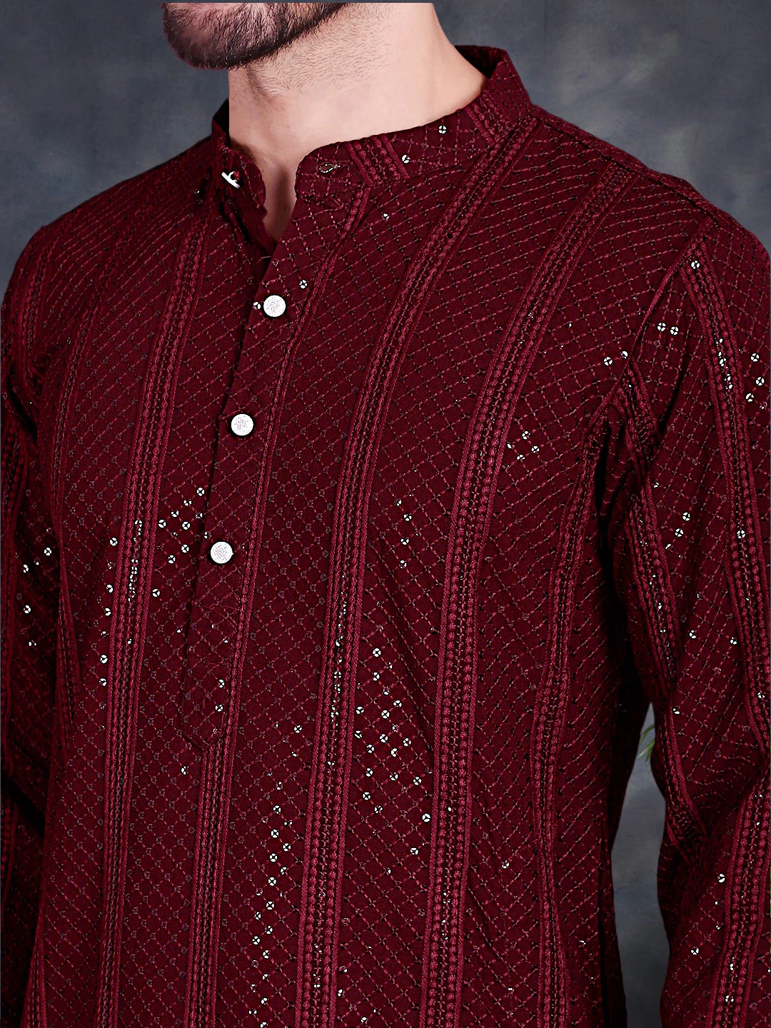 Maroon Sequined Kurta Pajama Set Rayon Chikankari Indian Wedding - Image 5