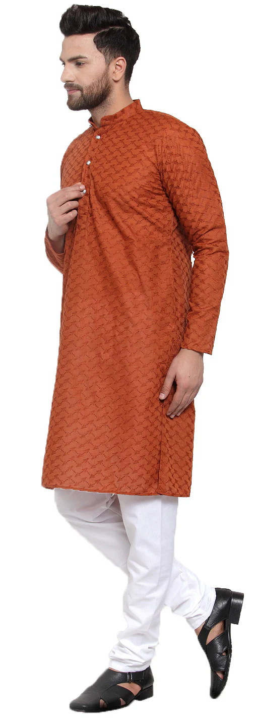 Men's Cotton Chikan Kurta Pajama Evening Wear India Apparel (Brown) - Image 2