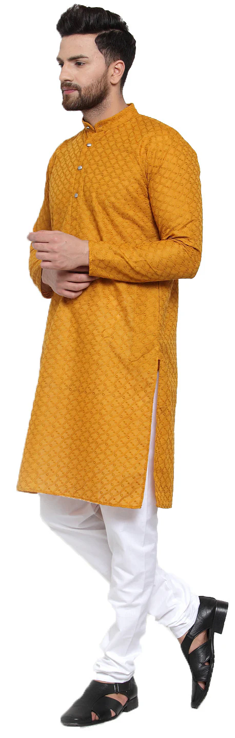 Men's Cotton Chikan Kurta Pajama Evening Wear India Apparel (Mustard) - Image 2