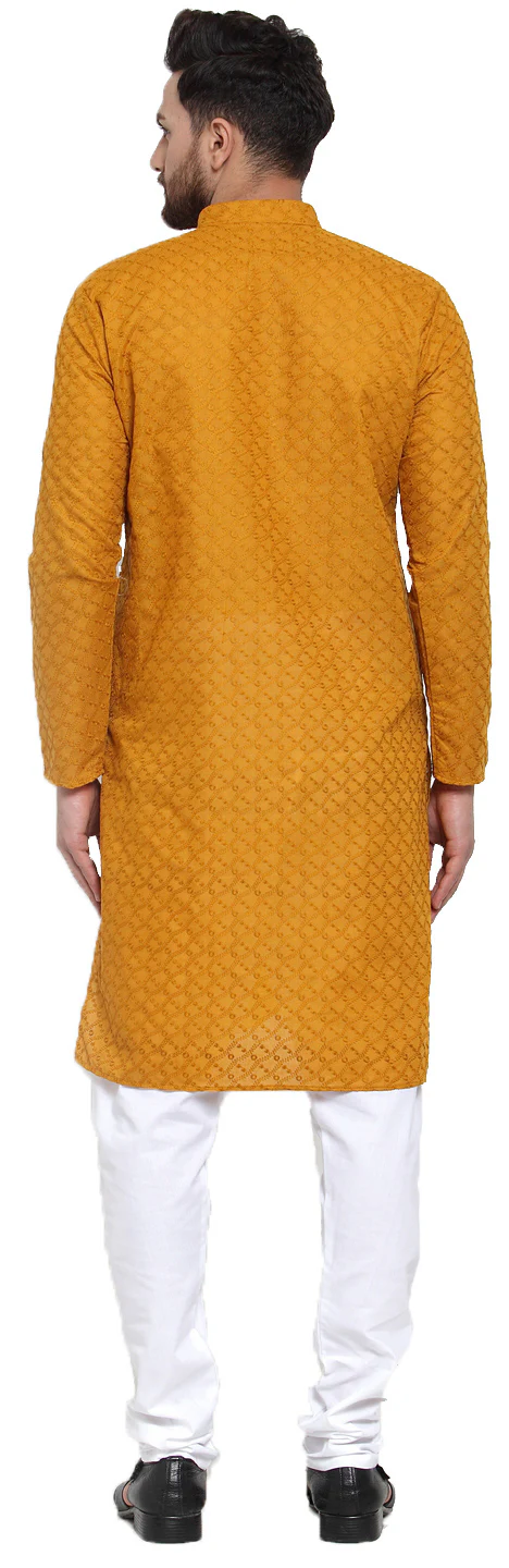 Men's Cotton Chikan Kurta Pajama Evening Wear India Apparel (Mustard) - Image 3