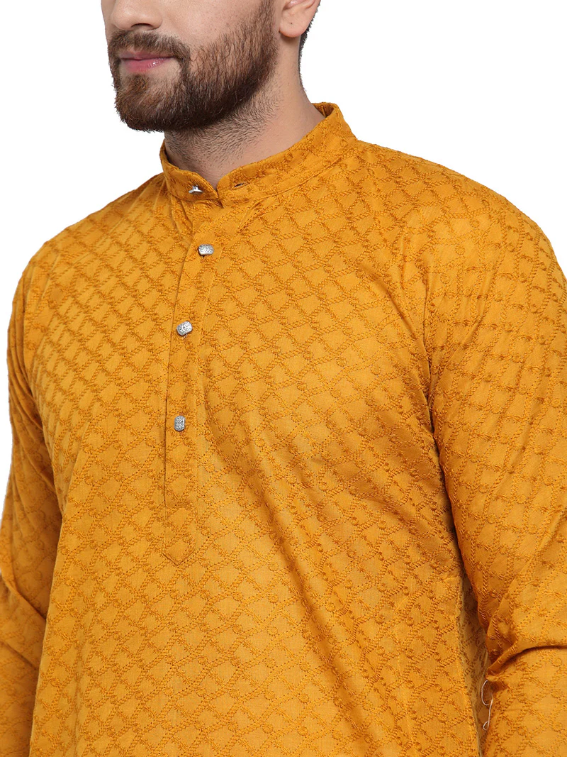 Men's Cotton Chikan Kurta Pajama Evening Wear India Apparel (Mustard) - Image 4