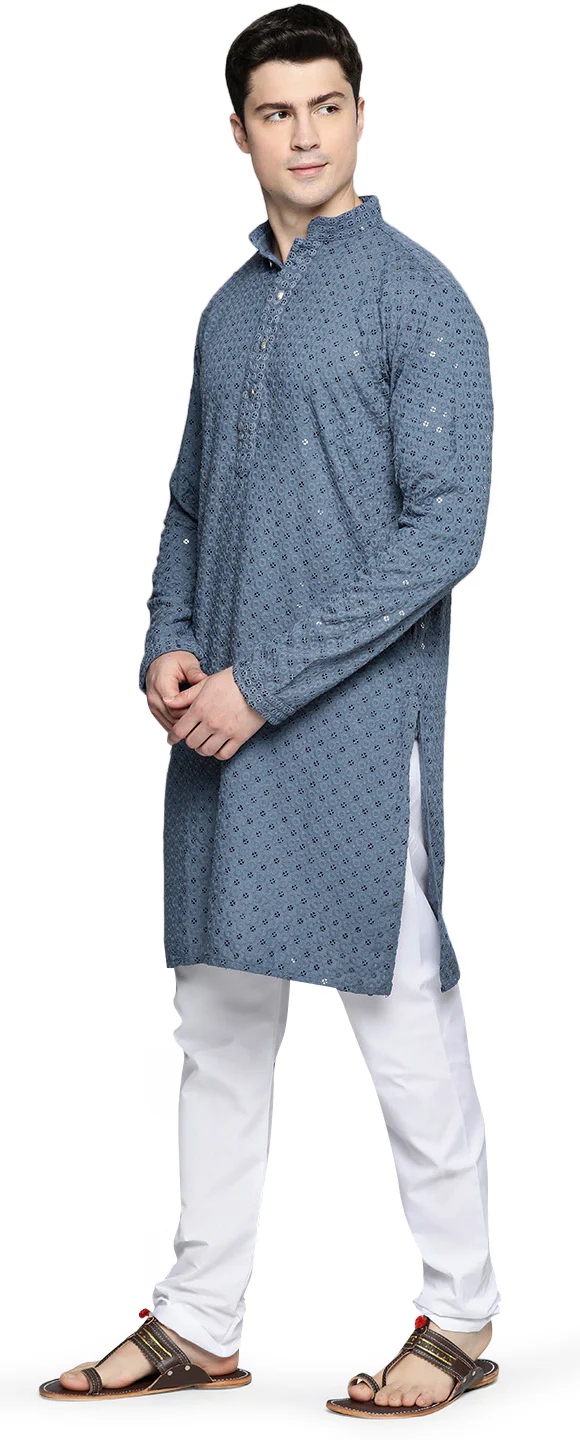 Men's Cotton Sequined Traditional Festival Kurta Pajama India Apparel (Grey) - Image 2