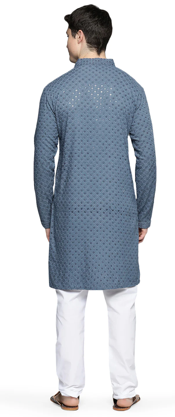 Men's Cotton Sequined Traditional Festival Kurta Pajama India Apparel (Grey) - Image 3