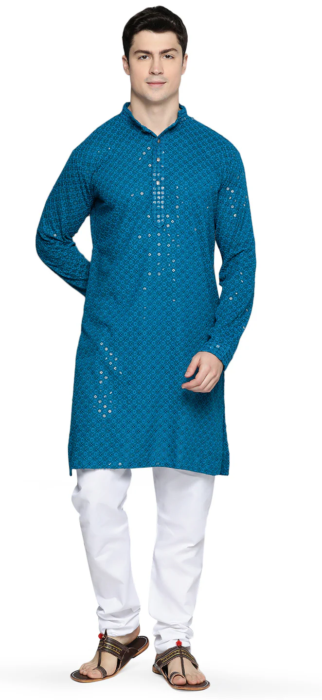 Indian-Sequined-Cotton-Men's-Kurta-Pajama-Party-Wear (Peach)