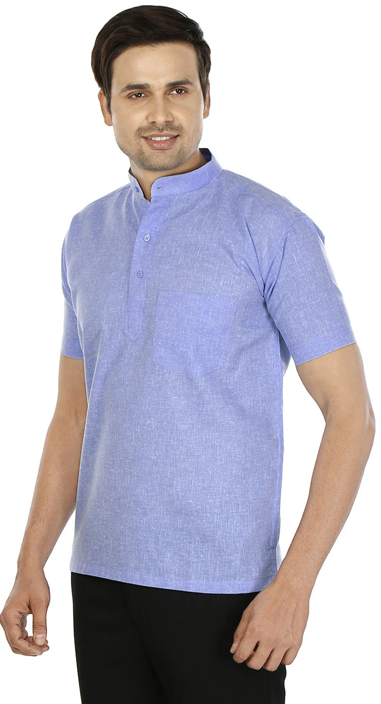 Mens Cotton Short Sleeve Short Kurta Shirt India Clothes (Blue) - Image 2