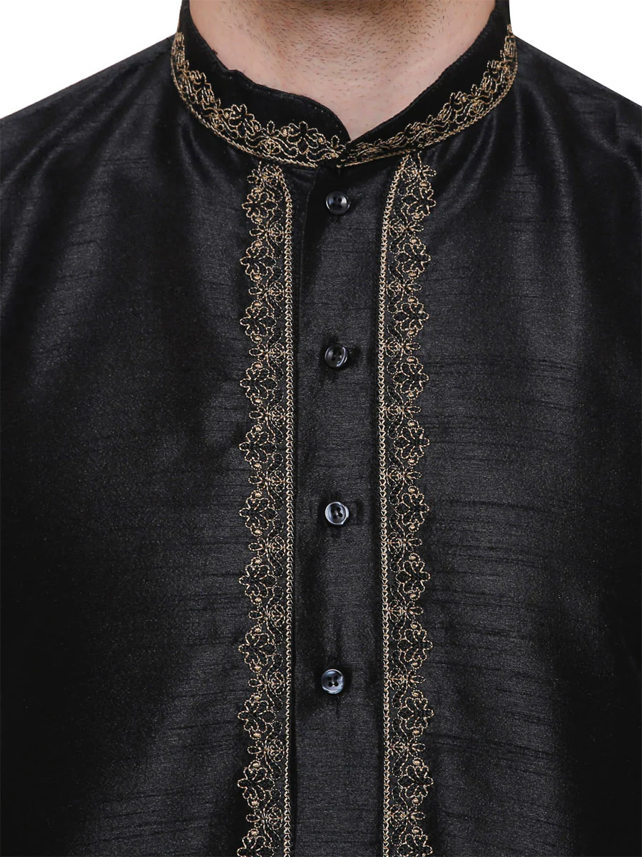 Mens Dupion Silk Kurta Pajama India Clothing (Black) - Image 4