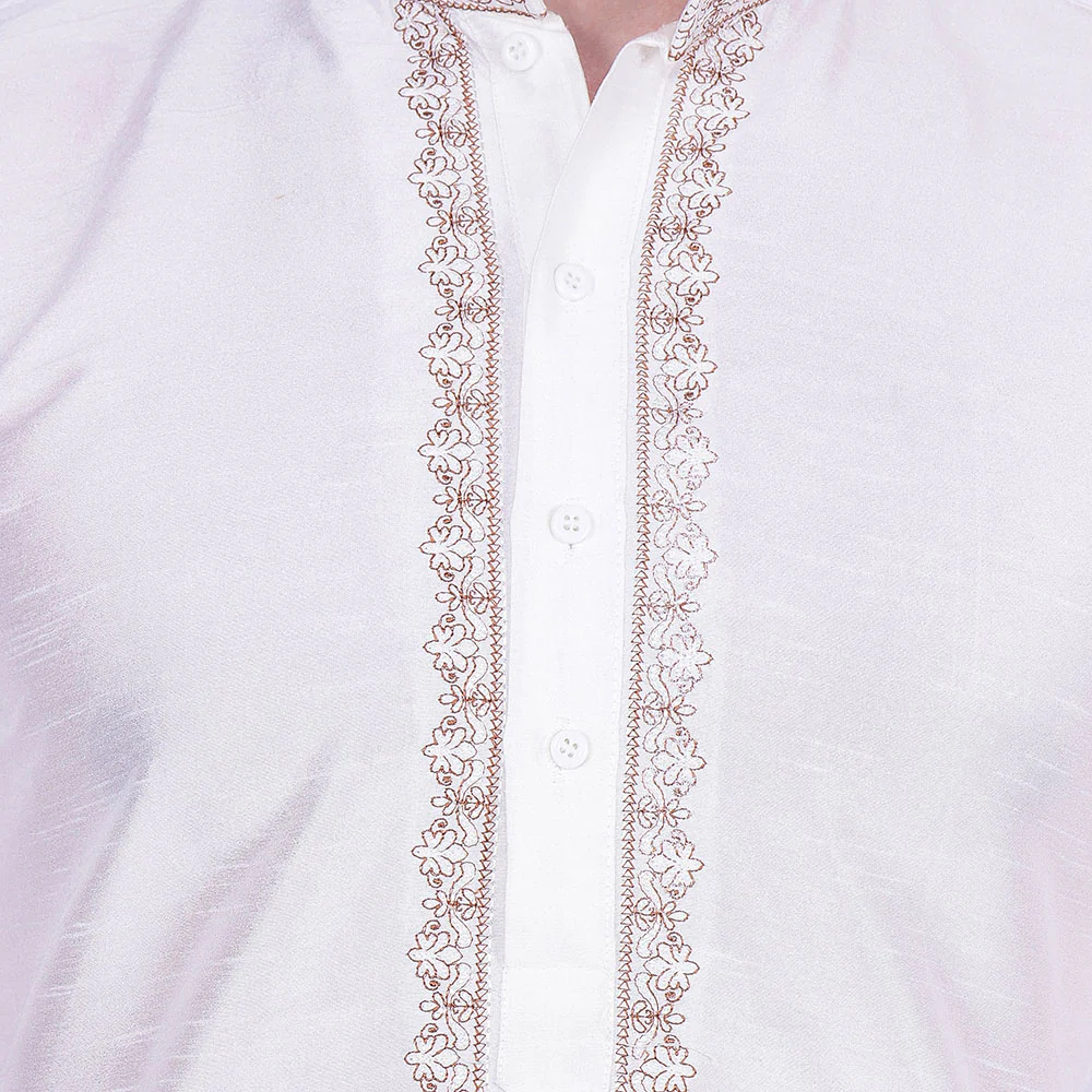 Men's Dupion Silk Kurta Pajama with Scarf India Clothing (Off-White) - Image 4