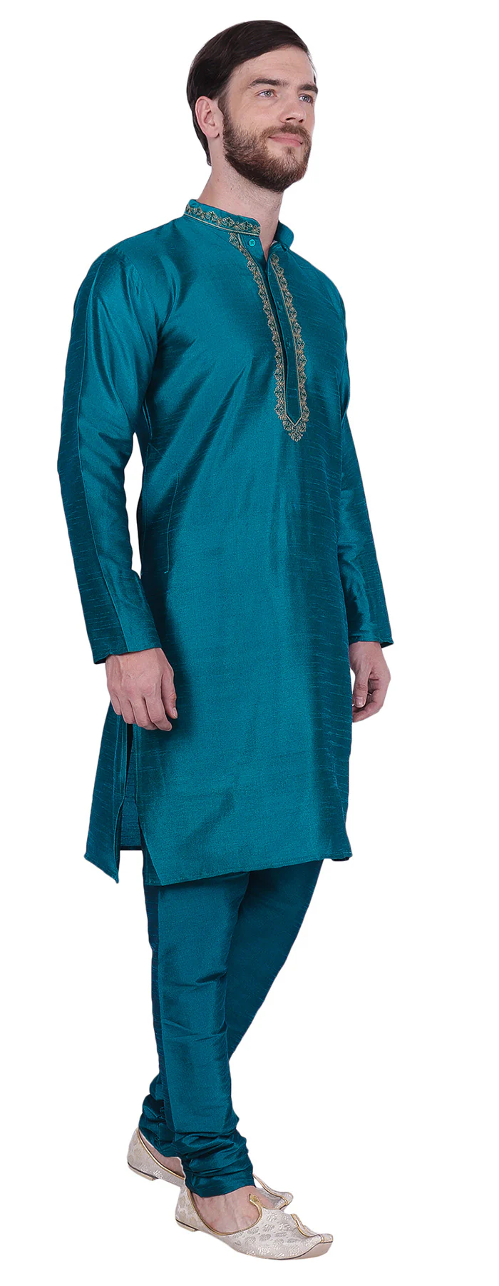 Men's Dupion Silk Kurta Pajama with Scarf India Clothing (Turquoise) - Image 2