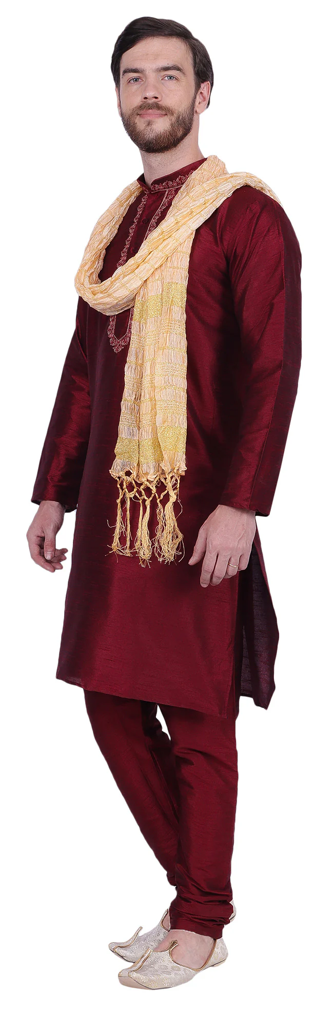 Men's Dupion Silk Kurta Pajama with Scarf India Clothing (Maroon) - Image 2