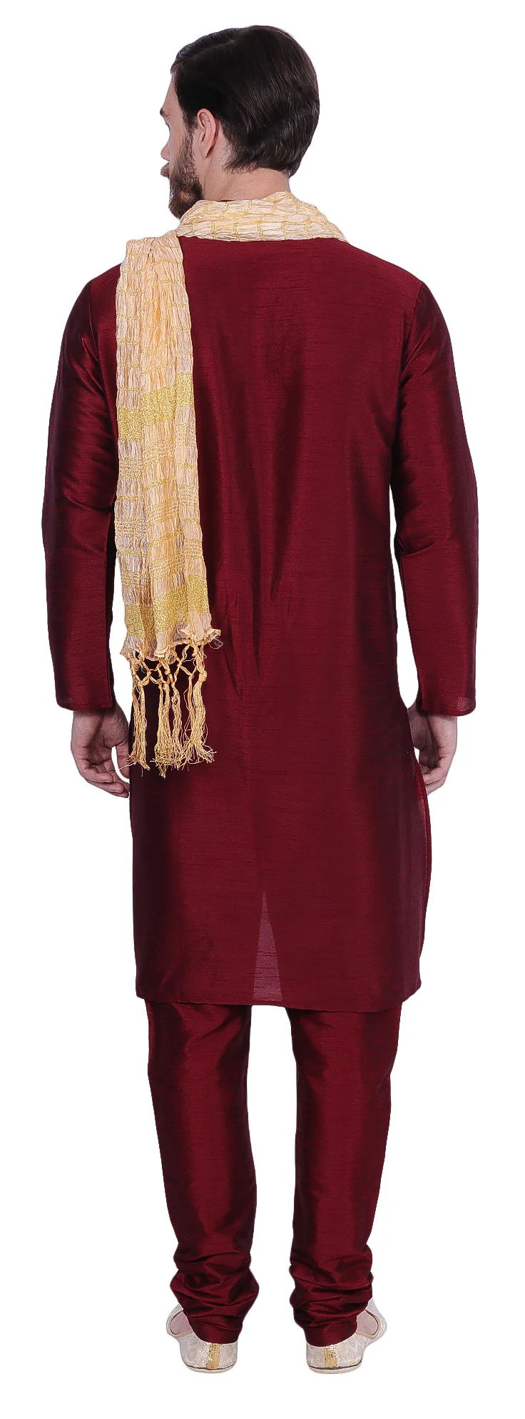 Men's Dupion Silk Kurta Pajama with Scarf India Clothing (Maroon) - Image 3