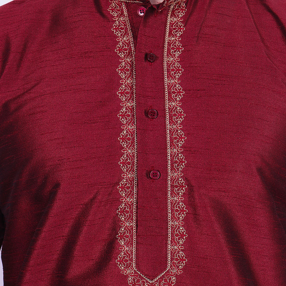 Men's Dupion Silk Kurta Pajama with Scarf India Clothing (Maroon) - Image 4