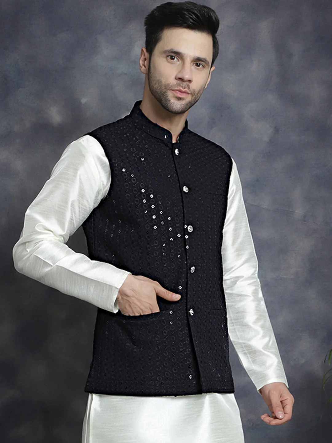 Men's Indian Waistcoat Cotton Modi Vest With Sequins Work (Black) - Image 4