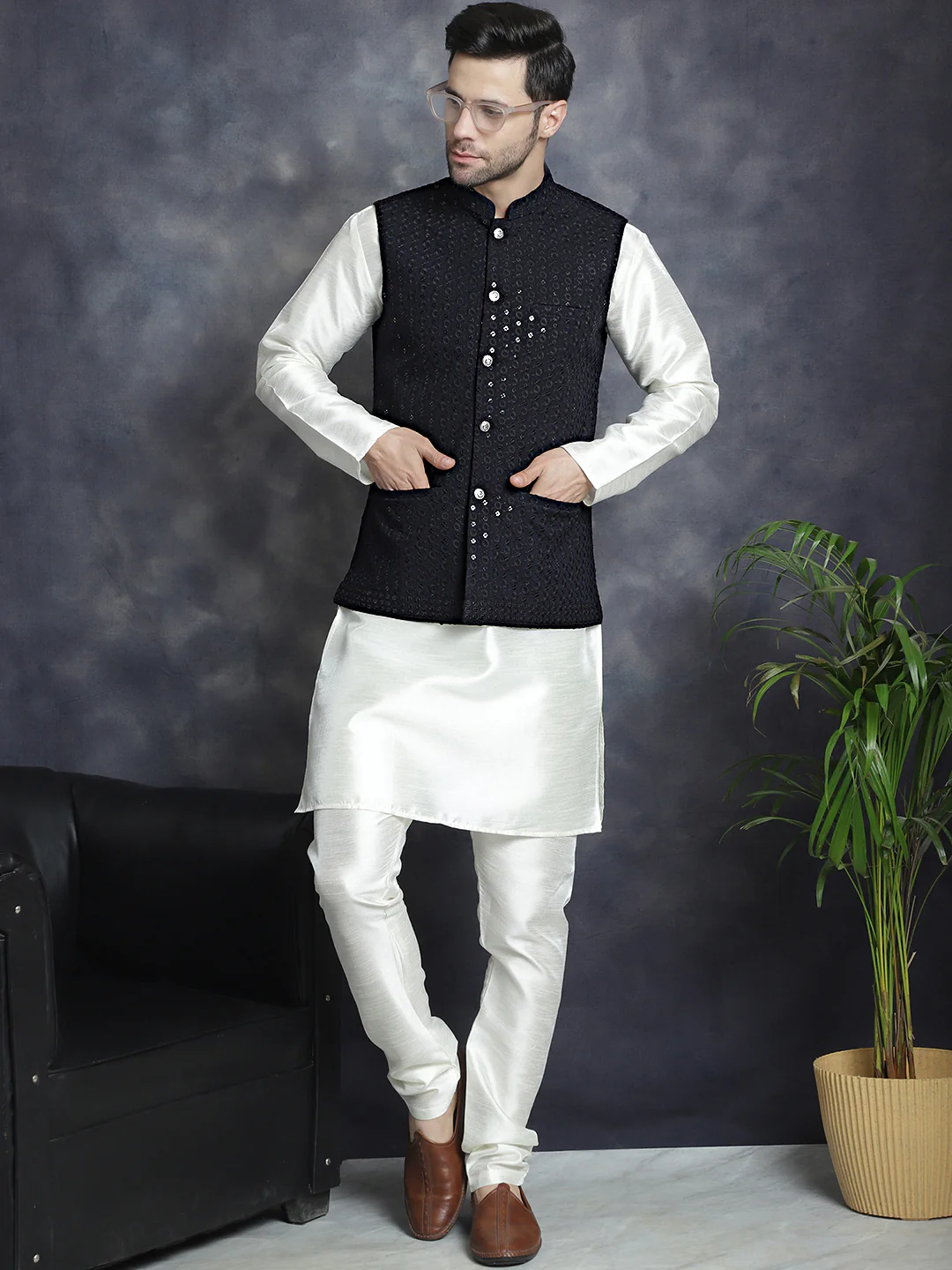 Men's Indian Waistcoat Cotton Modi Vest With Sequins Work (Black) - Image 5