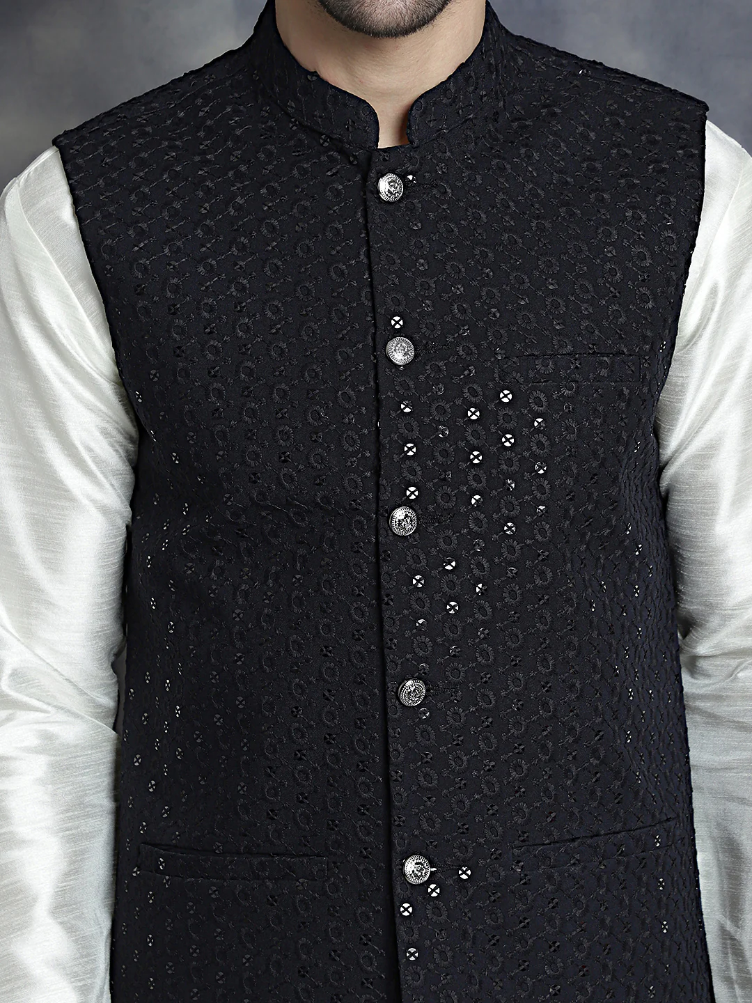 Men's Indian Waistcoat Cotton Modi Vest With Sequins Work (Black) - Image 6
