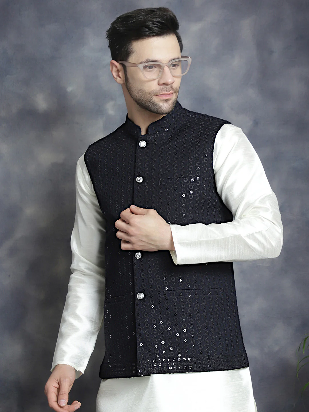 Men's Indian Waistcoat Cotton Modi Vest With Sequins Work (Black) - Image 7
