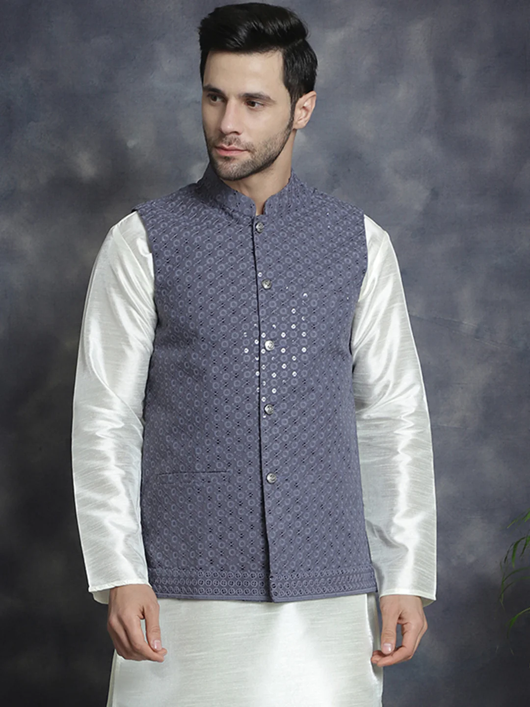 Men's Indian Waistcoat Cotton Modi Vest With Sequins Work (Grey)