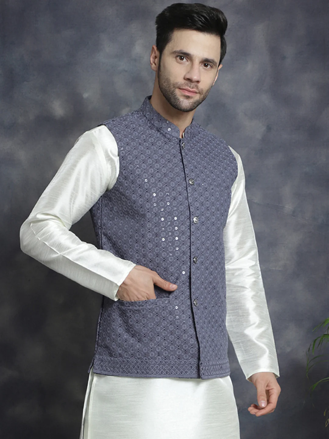 Men's Indian Waistcoat Cotton Modi Vest With Sequins Work (Grey) - Image 4
