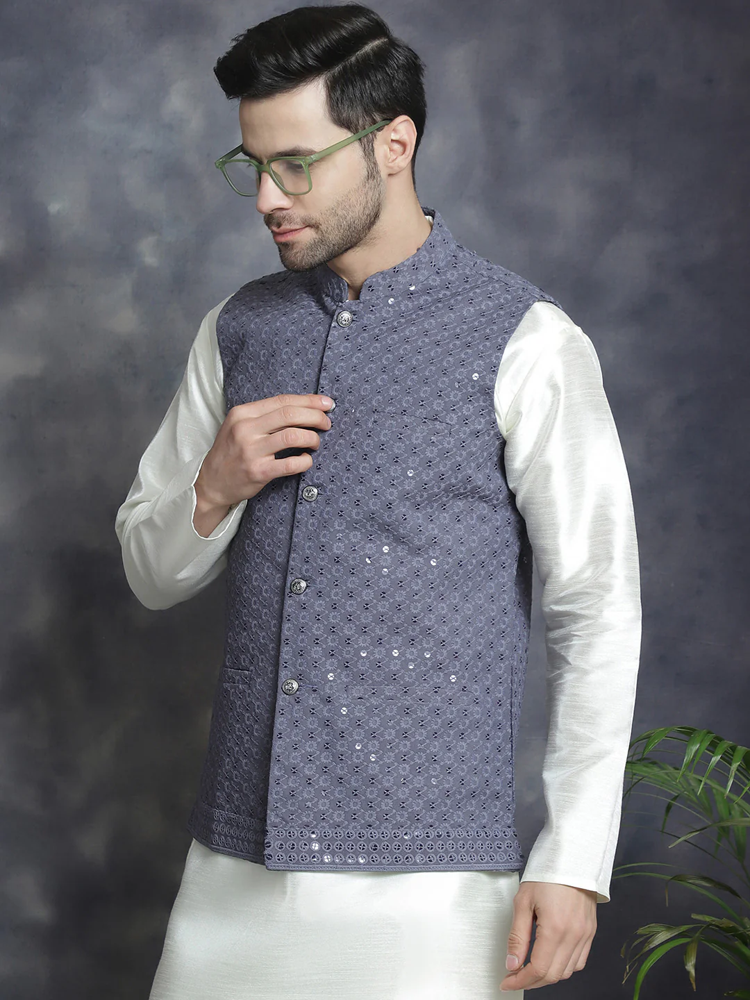 Men's Indian Waistcoat Cotton Modi Vest With Sequins Work (Grey) - Image 6