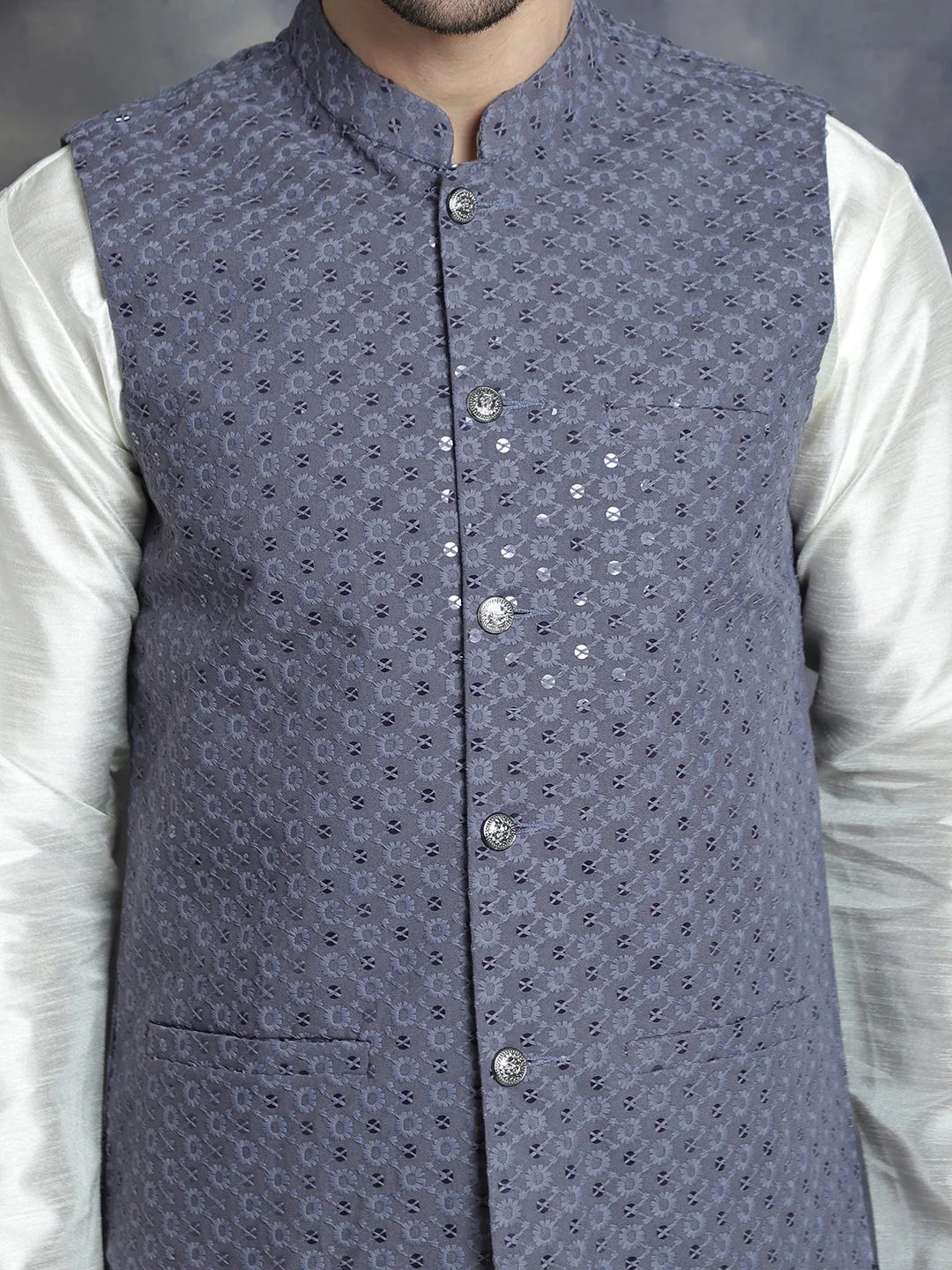 Men's Indian Waistcoat Cotton Modi Vest With Sequins Work (Grey) - Image 7
