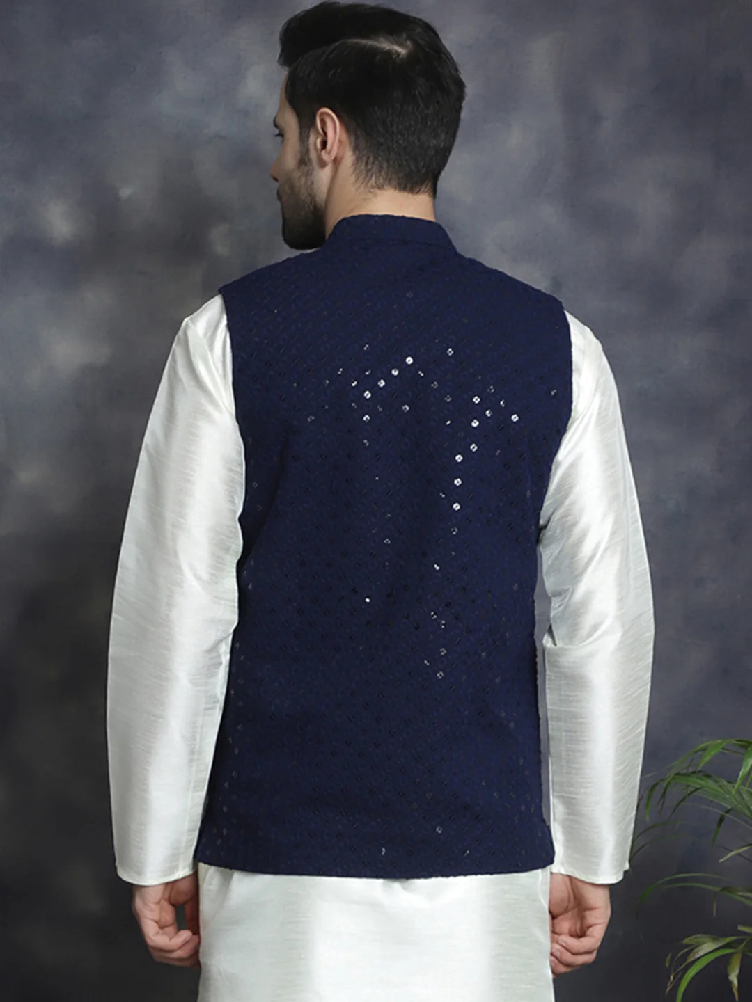 Men's Indian Waistcoat Cotton Modi Vest With Sequins Work (Navy Blue) - Image 2
