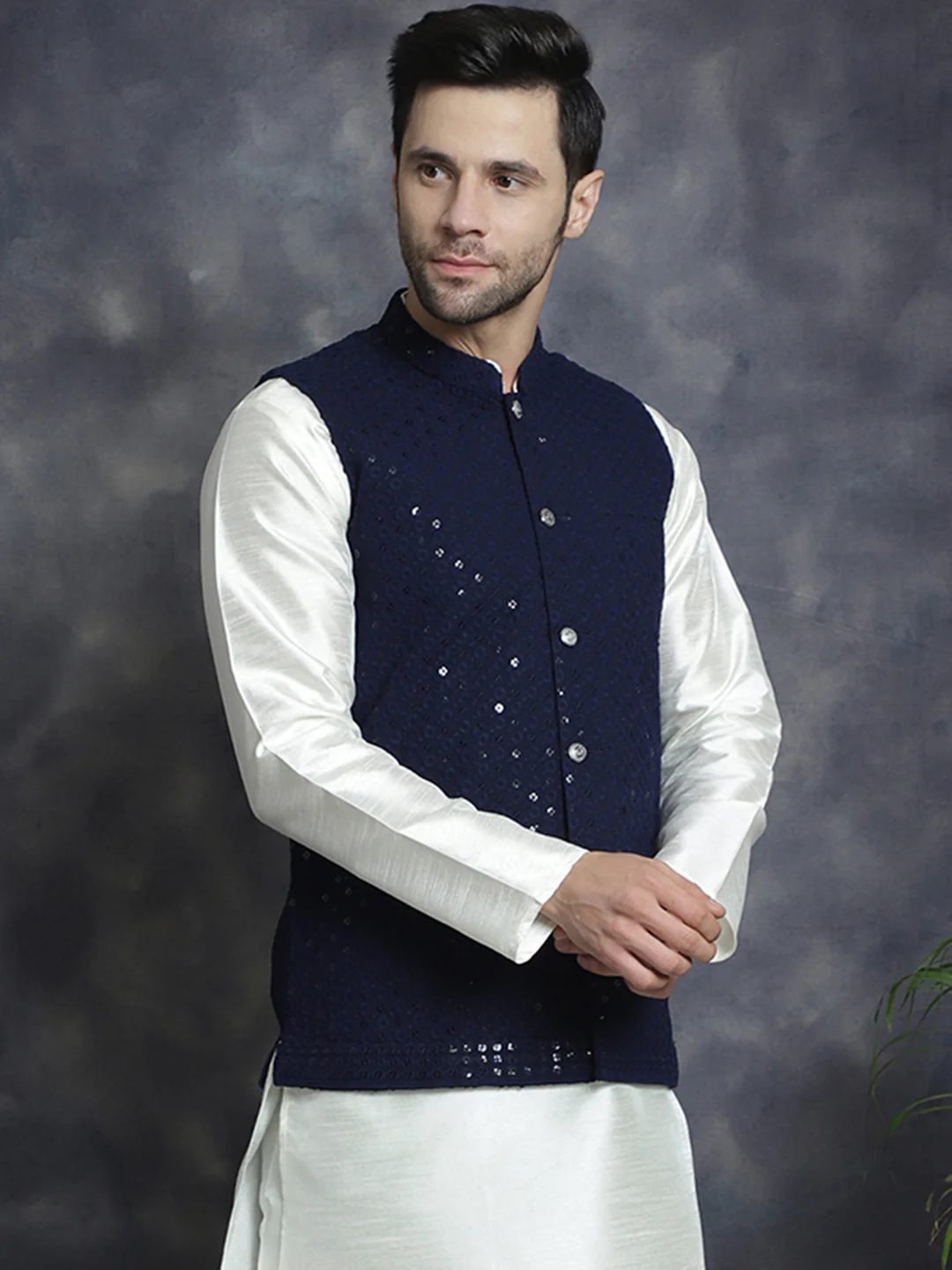Men's Indian Waistcoat Cotton Modi Vest With Sequins Work (Navy Blue) - Image 4