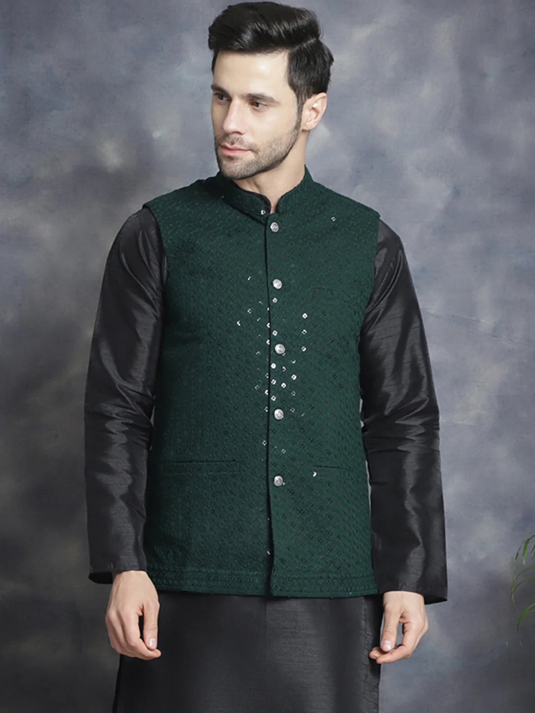 Men's Indian Waistcoat Cotton Modi Vest With Sequins Work (Olive)