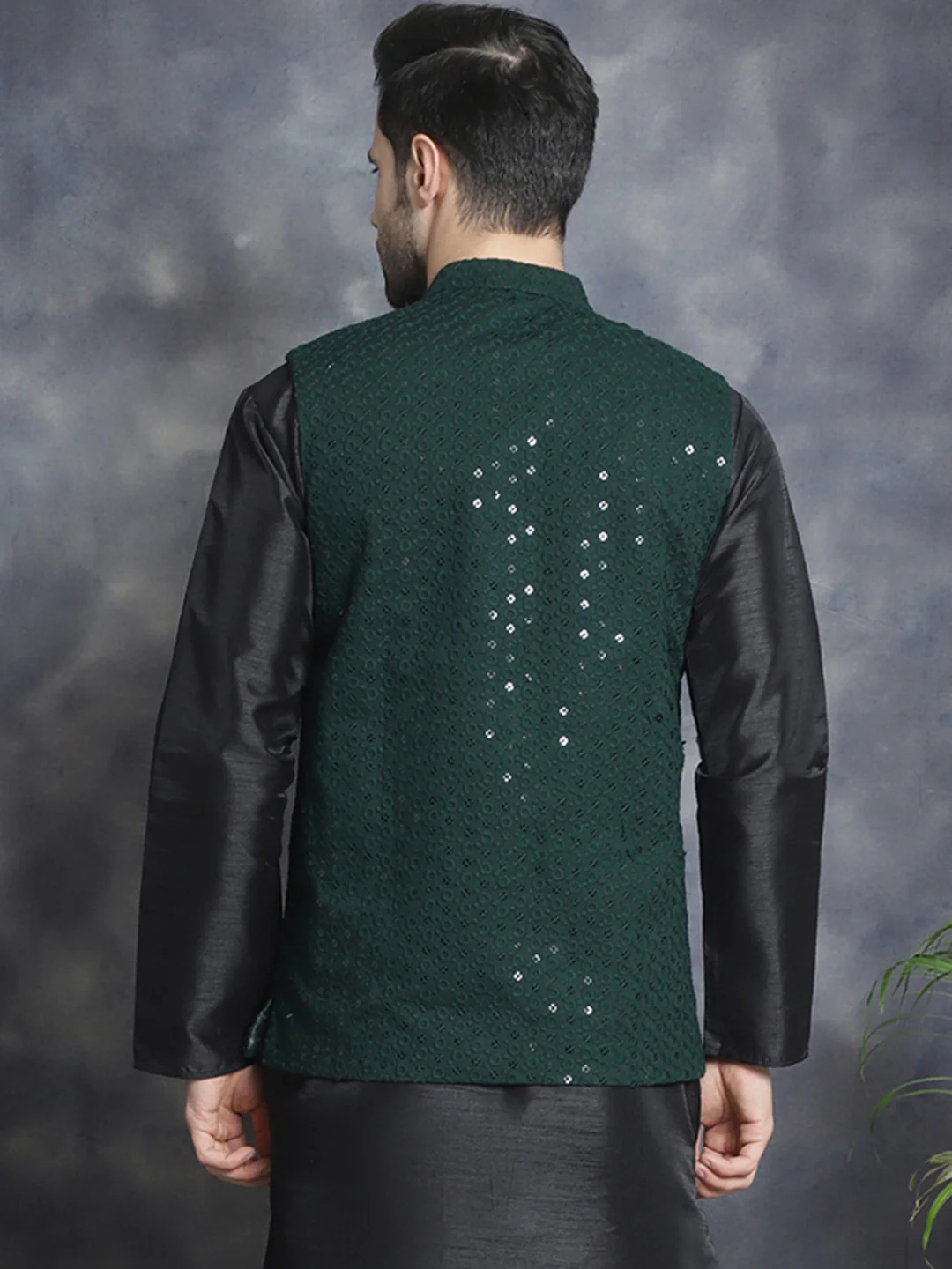Men's Indian Waistcoat Cotton Modi Vest With Sequins Work (Olive) - Image 2