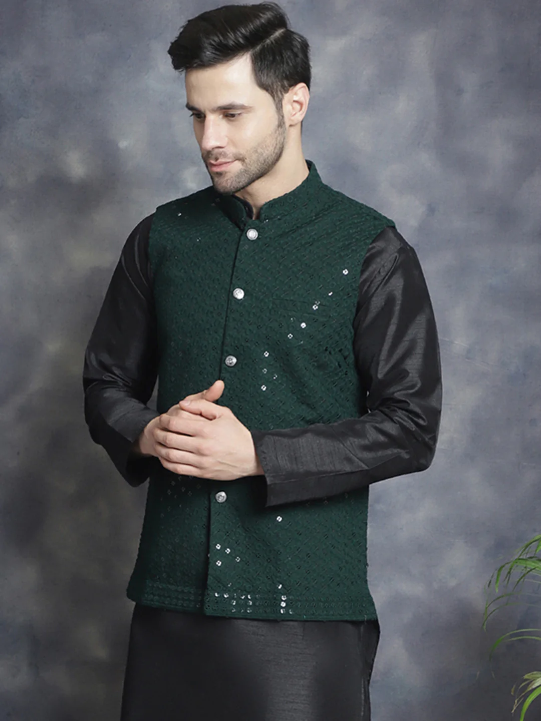 Men's Indian Waistcoat Cotton Modi Vest With Sequins Work (Olive) - Image 4