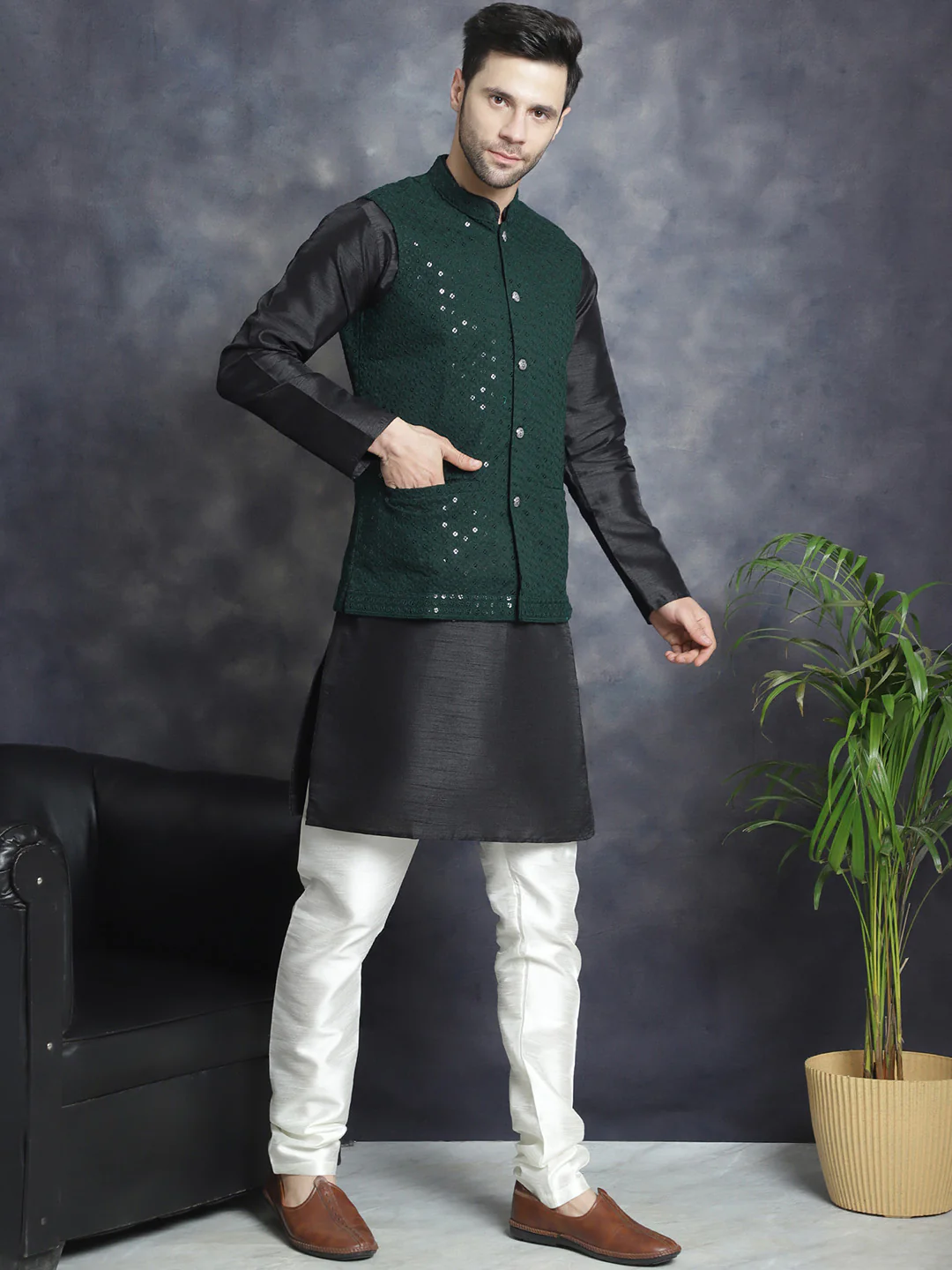 Men's Indian Waistcoat Cotton Modi Vest With Sequins Work (Olive) - Image 5