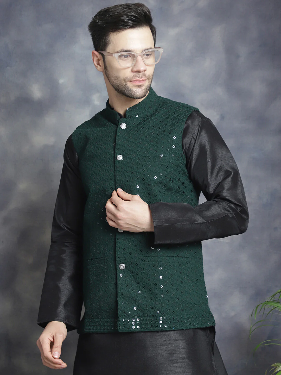 Men's Indian Waistcoat Cotton Modi Vest With Sequins Work (Olive) - Image 6