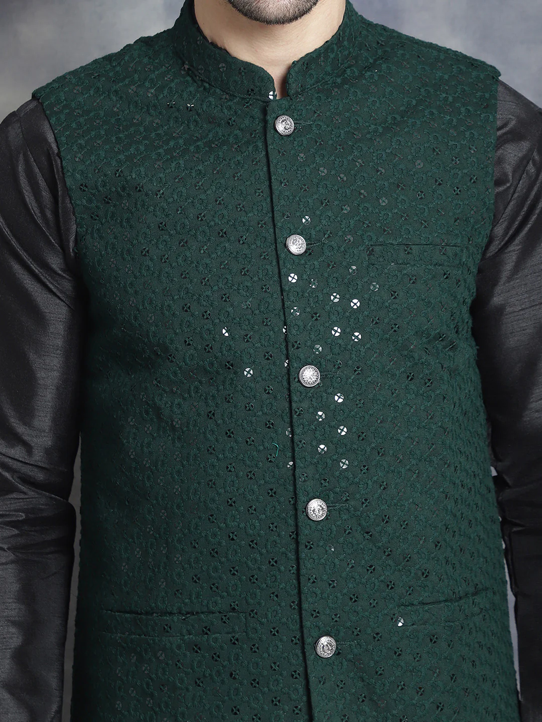 Men's Indian Waistcoat Cotton Modi Vest With Sequins Work (Olive) - Image 7
