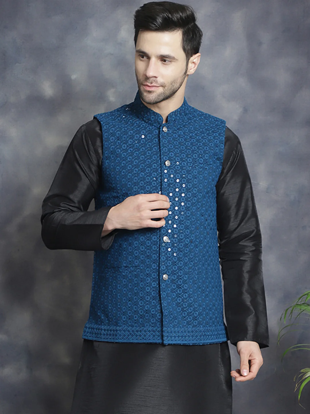 Men's Indian Waistcoat Cotton Modi Vest With Sequins Work (Peacock Blue)