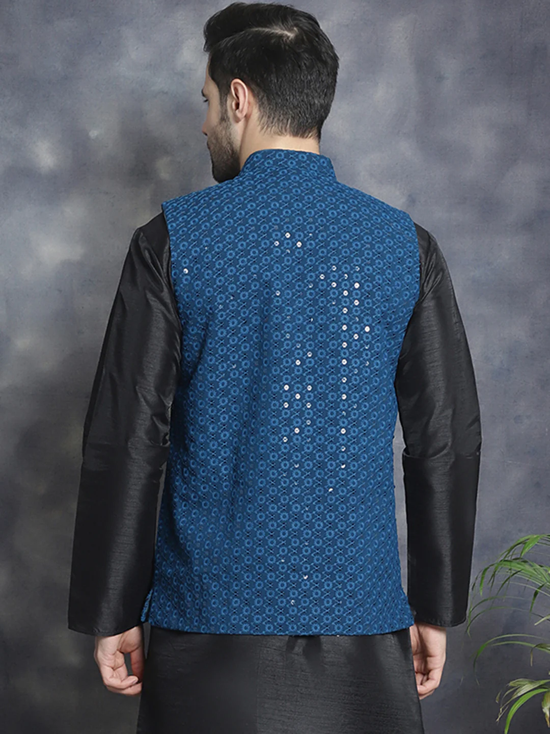 Men's Indian Waistcoat Cotton Modi Vest With Sequins Work (Peacock Blue) - Image 2