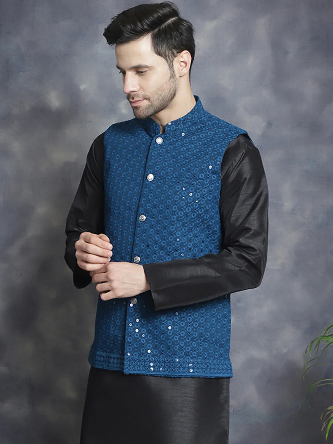 Men's Indian Waistcoat Cotton Modi Vest With Sequins Work (Peacock Blue) - Image 4