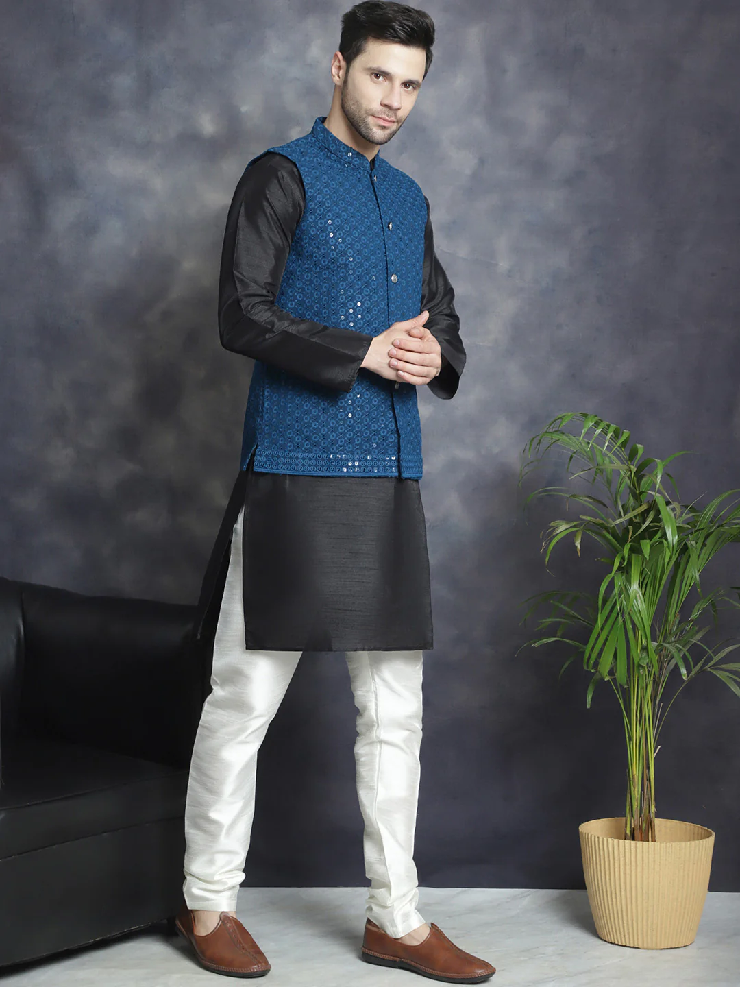 Men's Indian Waistcoat Cotton Modi Vest With Sequins Work (Peacock Blue) - Image 5