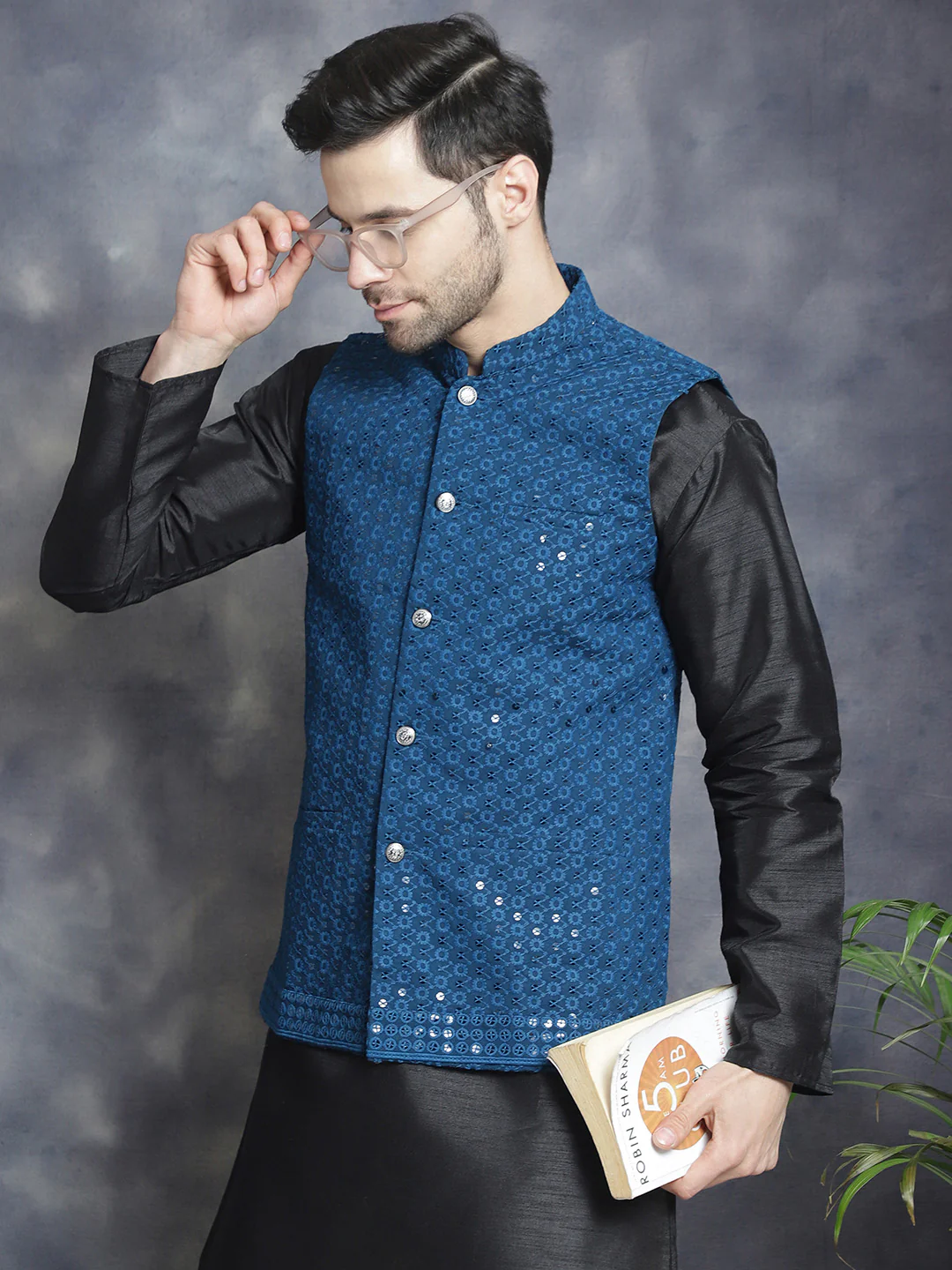 Men's Indian Waistcoat Cotton Modi Vest With Sequins Work (Peacock Blue) - Image 6