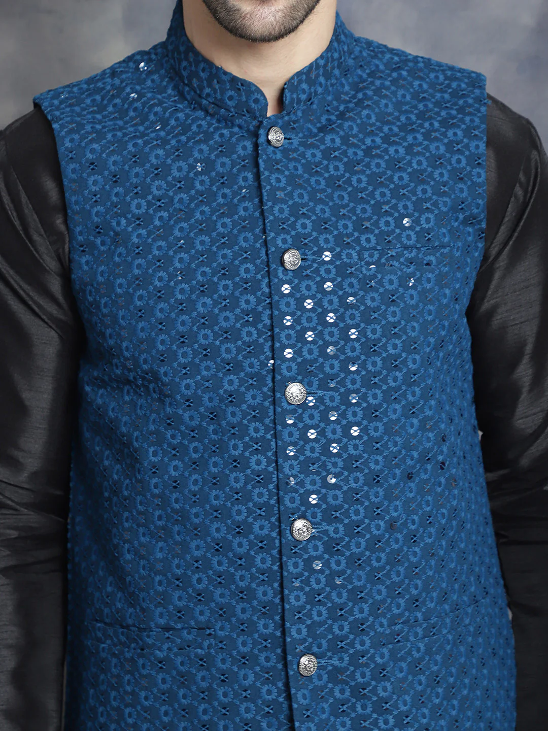 Men's Indian Waistcoat Cotton Modi Vest With Sequins Work (Peacock Blue) - Image 7