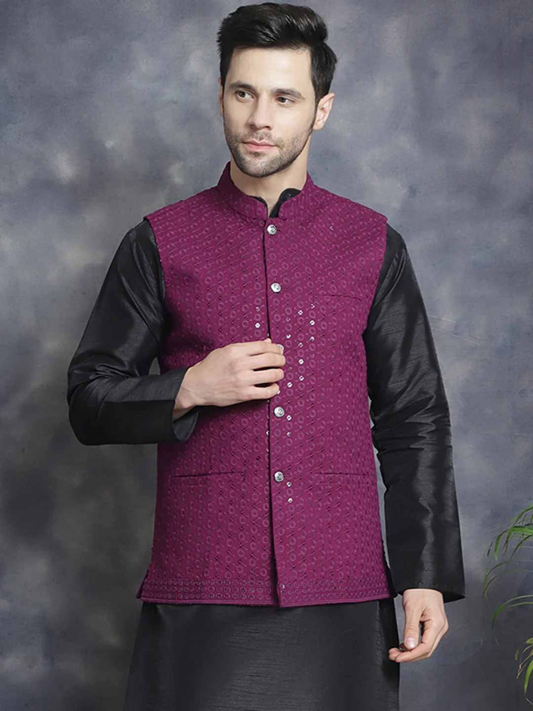 Men's Indian Waistcoat Cotton Modi Vest With Sequins Work (Purple)