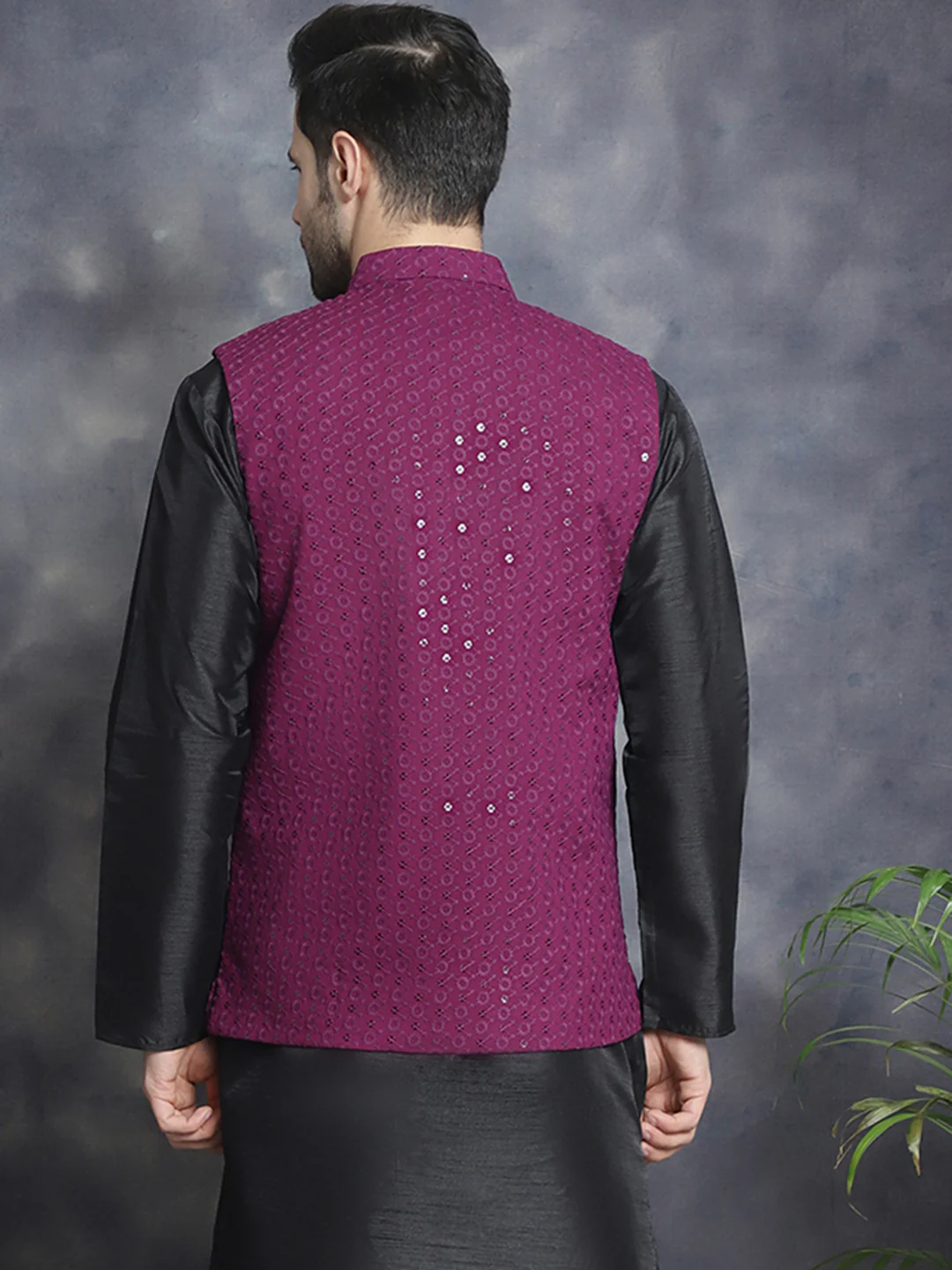 Men's Indian Waistcoat Cotton Modi Vest With Sequins Work (Purple) - Image 2