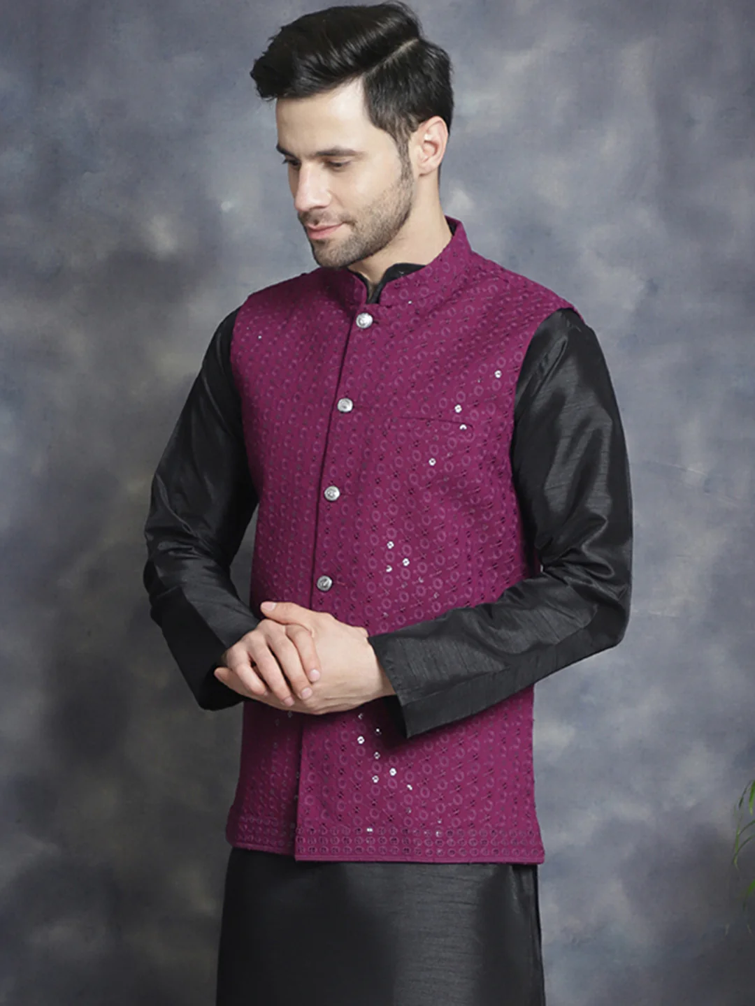 Men's Indian Waistcoat Cotton Modi Vest With Sequins Work (Purple) - Image 4