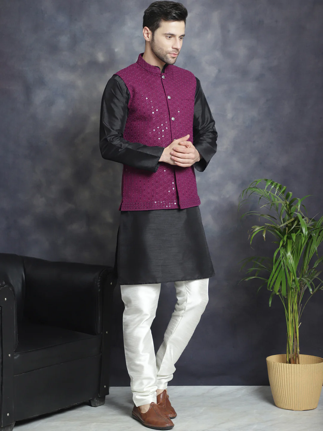Men's Indian Waistcoat Cotton Modi Vest With Sequins Work (Purple) - Image 5