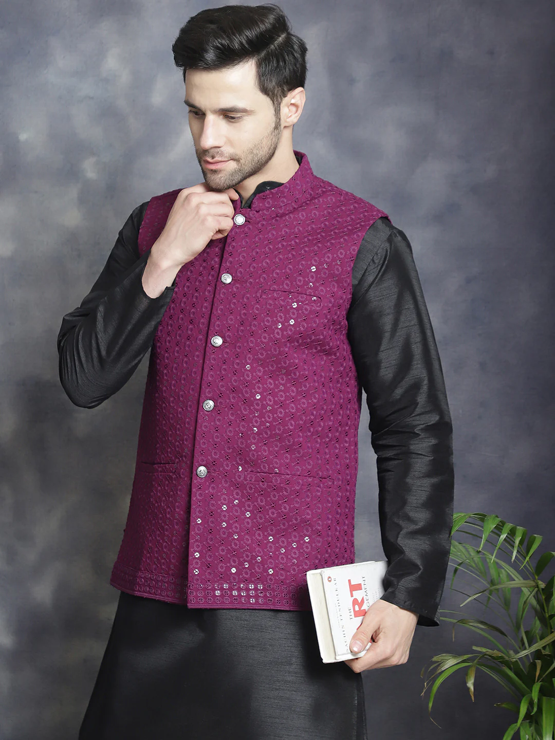 Men's Indian Waistcoat Cotton Modi Vest With Sequins Work (Purple) - Image 6