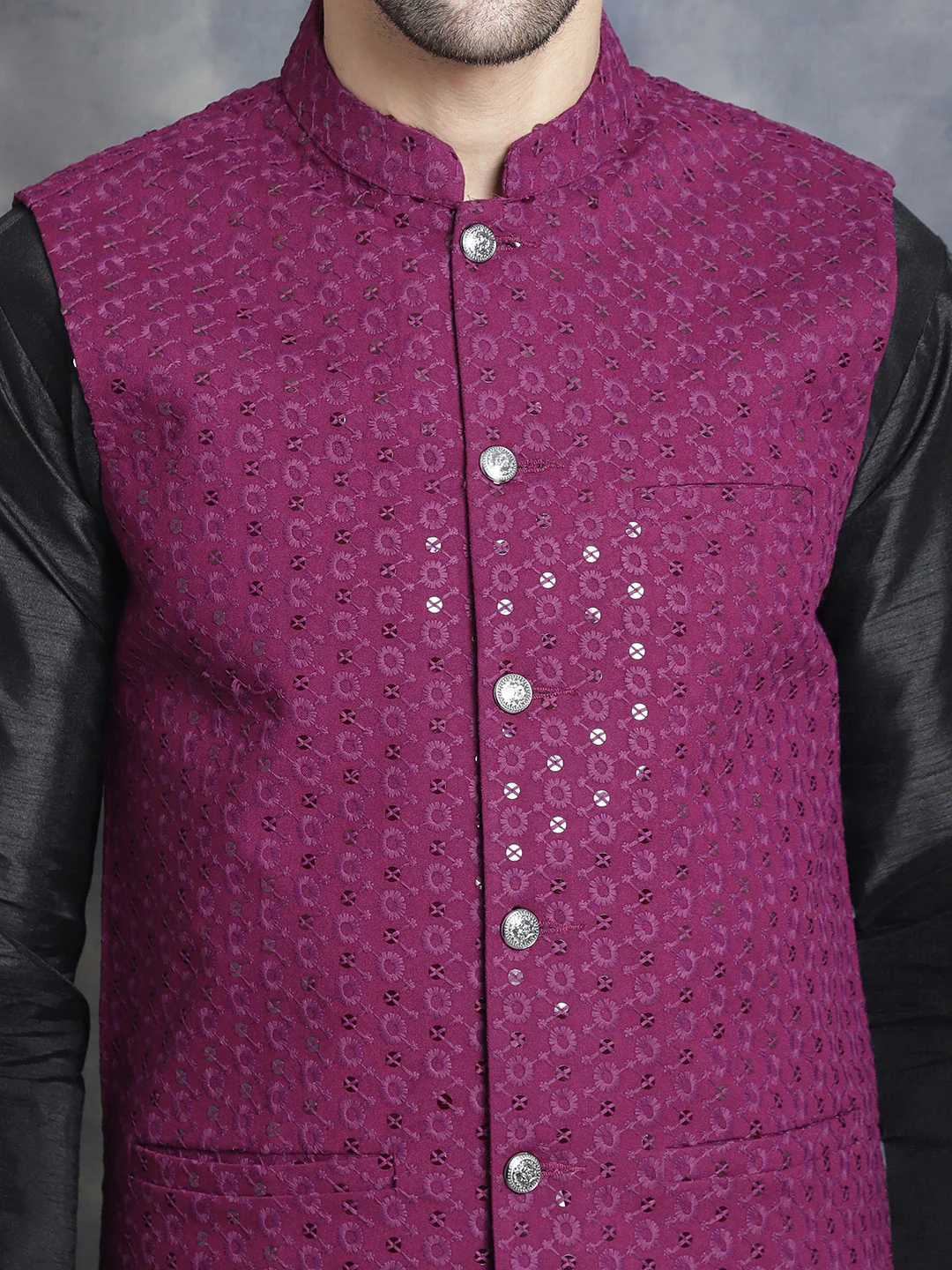 Men's Indian Waistcoat Cotton Modi Vest With Sequins Work (Purple) - Image 7
