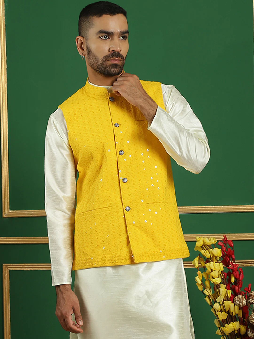 Men's Indian Waistcoat Cotton Modi Vest With Sequins Work (Yellow)