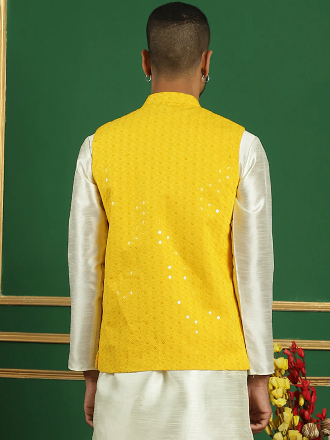 Men's Indian Waistcoat Cotton Modi Vest With Sequins Work (Yellow) - Image 2